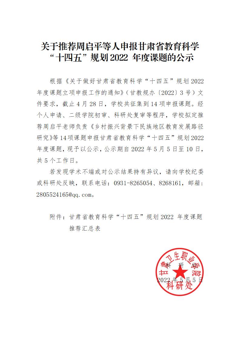 關(guān)于推薦周啟平等人申報甘肅省教育科學(xué)“十四五”規(guī)劃2022 年度“一帶一路”教育國際合作交流專項研究課題的公示_01.jpg